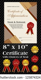 8x10 size of Certificate of Appreciation with laurel wreath and wax seal portrait version