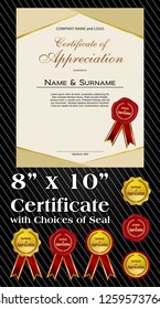 8x10 size of Certificate of Appreciation with laurel wreath and wax seal portrait version