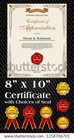 8x10 size of Certificate of Appreciation with laurel wreath and wax seal portrait version