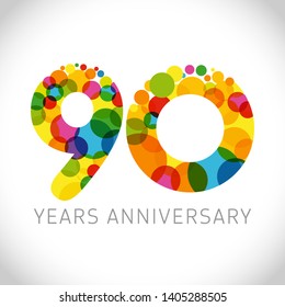 9 0 th anniversary numbers. 90 years old multicolored logotype. Congrats 90th greetings, congratulation idea. Isolated abstract graphic design template. Coloured digits up to -90% percent off discount