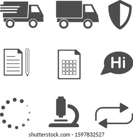 9 in 1 icon pack with bus icon shield symbol fast delivery sign chat microscope reload vector