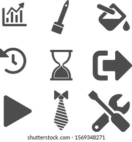9 in 1 icon pack, fill, tie, time glass, setting, refresh, analytics, back, symbol, sign, vector