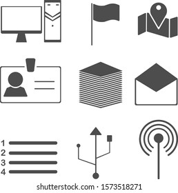 9 in 1 symbol pack with flag number list and desktop icon and map wireless letter icon vector