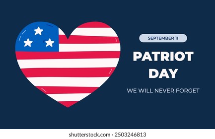 9 11 memorial banner for American Patriot Day. Remembering September 11, 2001 poster template with illustration of heart with USA flag. We will never forget minimalistic horizontal concept for media.