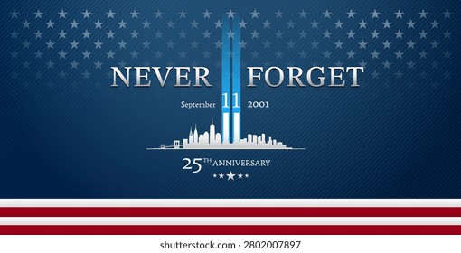 9 11 Never Forget blue patriotic banner image - Never Forget September 11 2001, 25th Anniversary white text typography with blue Twin Towers light and New York skyline on blue backgrounds, vector