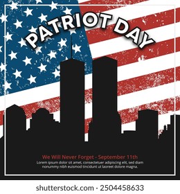 9 11 Patriot Day background with flag and buildings