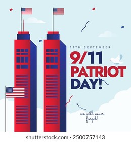 9 11 Patriot day conceptual banner with red, blue silhouette buildings of world trade center. Patriot day USA remembrance, solidarity banner, social media post. 