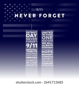 9 11 Patriot Day Never Forget - patriotic background vector. Meaningful conceptual illustration for 9-11 memorial tribute social media posts. Twin towers made of text - United We stand, We Remember