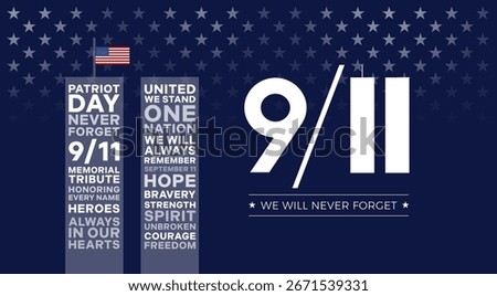 9 11 USA Never Forget September 11, 2001. Vector conceptual typographic illustration with USA flag for 911 Patriot Day Memorial social media posts, events