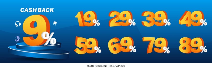 9%, 19%, 29%, 39%, 49%, 59%, 69%, 79%, 89% Cashback. Sale tags set vector badges template. Sale offer price sign. Special offer symbol. Discount promotion. Discount badge shape. Vector design