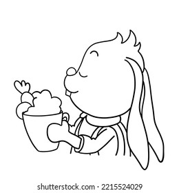 9 - 25 Cute bunny with cup of coffee or hot chocolate with cream and carrots. Christmas, New Year and Easter contour vector illustration for product design. Collection of rabbits in cartoon style