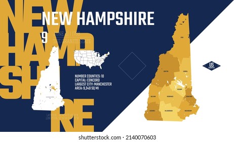 9 of 50 states of the United States, divided into counties with territory nicknames, Detailed vector New Hampshire Map with name and date admitted to the Union, travel poster and postcard