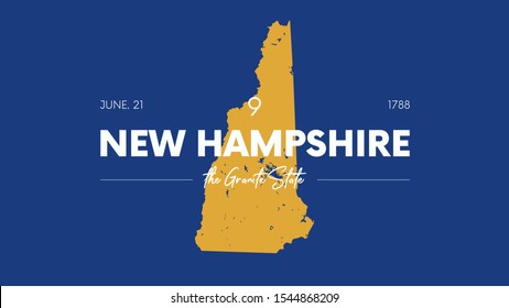 9 of 50 states of the United States with a name, nickname, and date admitted to the Union, Detailed Vector New Hampshire Map for printing posters, postcards and t-shirts