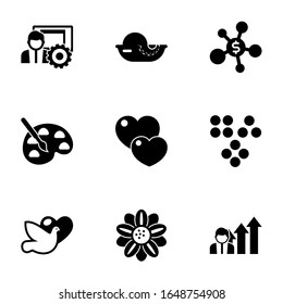 9 iconos abstractos rellenos establecidos aislados en fondo blanco. Iconos con manejo de medios sociales, mariscos, redes de negocios, pintura, amor, clustering, paloma, iconos de diseño floral.