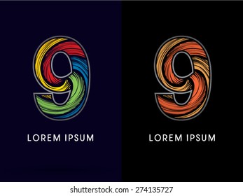 9 ,Abstract Number , font, concept Spin,designed using colors and gold silver bronze grunge brush,sign ,logo, symbol, icon, graphic, vector.