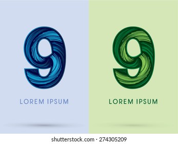 9 ,Abstract Number , font, concept Spin water, wind and natural, designed using blue and green grunge brush,sign 