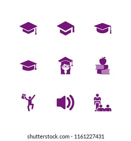 9 academic icons in vector set. student, university, graduation student black cap and mortarboard illustration for web and graphic design