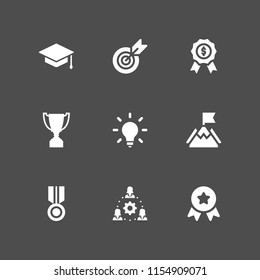 9 achievement icons in vector set. idea, mission, medal and team illustration for web and graphic design