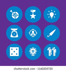 9 achievement icons in vector set. success, umbrella, dice and idea illustration for web and graphic design