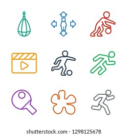 9 action icons. Trendy action icons white background. Included outline icons such as running, paintball, table tennis, football player, movie clapper. action icon for web and mobile.