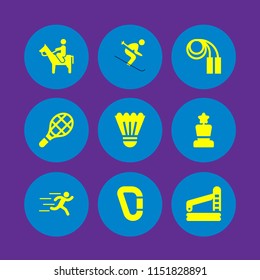 9 action icons in vector set. runer silhouette running fast, man riding a horse, swimming pool and sports and competition illustration for web and graphic design