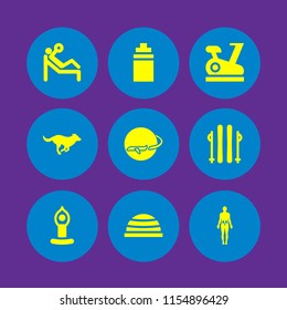 9 active icons in vector set. dog, sports and competition, isotonic and yoga illustration for web and graphic design