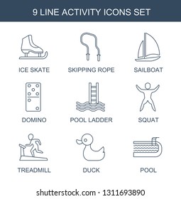 9 activity icons. Trendy activity icons white background. Included line icons such as ice skate, skipping rope, sailboat, domino, pool ladder. activity icon for web and mobile.