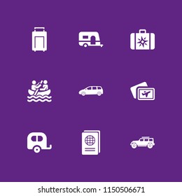 9 adventure icons in vector set. trip, boat, suitcase and minivan illustration for web and graphic design