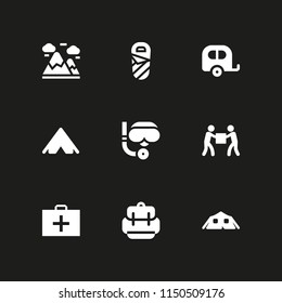 9 adventure icons in vector set. sleeping bag, trip, backpack and help illustration for web and graphic design