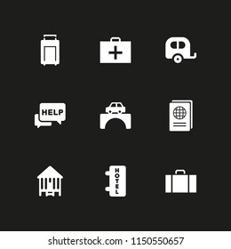 9 adventure icons in vector set. travel, suitcase, trip and help illustration for web and graphic design