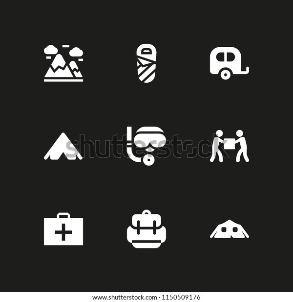 9 adventure\
icons in vector set. sleeping bag, trip, backpack and help\
illustration for web and graphic\
design