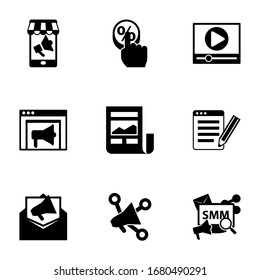 9 advertising filled icons set isolated on white background. Icons set with Mobile marketing, Click Through Rate, Video marketing, Banner Ads, News Feed, SEO copywriting icons.