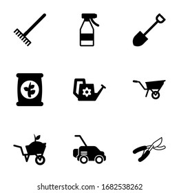 9 agriculture filled icons set isolated on white background. Icons set with Rake, Spray bottle, Shovel, fertilizer, Watering can, Wheelbarrow, Garden services, Lawnmower icons.
