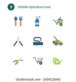 9 agriculture flat icons set isolated on . Icons set with Gardening tools, Spray bottle, Garden services, Gardening scissors, Garden hose, Lawnmower, Garden pruner, wheelbarrow icons.