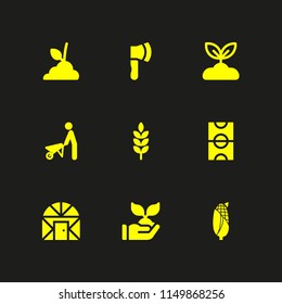 9 agriculture icons in vector set. field, corn, wheelbarrow and wheat illustration for web and graphic design
