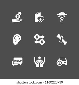 9 aid icons in vector set. hear, caduceus, medical kit and red cross illustration for web and graphic design