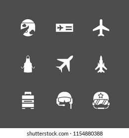 9 airline icons in vector set. pilot, plane, airplane and apron silhouette illustration for web and graphic design