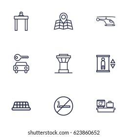 9 Airplane Outline Icons Set.Collection Of Map, Luggage Check, Helicopter And Other Elements.