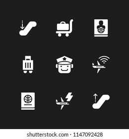 9 airport icon set with luggage, passport and escalator down vector illustration for graphic design and web
