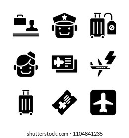 9 Airport icons vector set. boarding, women, airplane and element illustration for web.