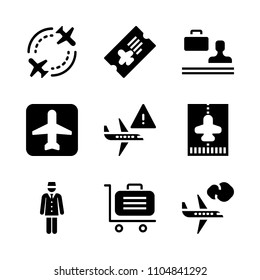9 Airport icons vector set. landing, paper, suitcase and traveler illustration for web.