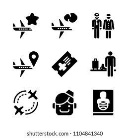 9 Airport icons vector set. man, isolated, luggage and sign illustration for web.