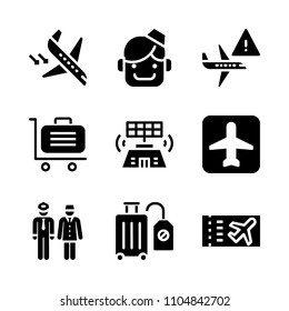 9 Airport icons vector set. art, vacation, invitation and vintage illustration for web.