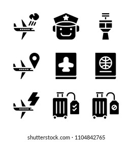 9 Airport icons vector set. vintage, weekend, young and white illustration for web.