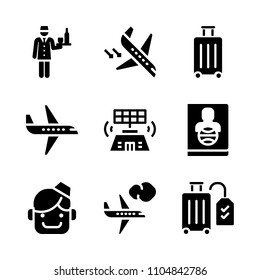 9 Airport icons vector set. female, paper, offer and aircraft illustration for web.