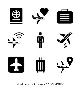 9 Airport icons vector set. trolley, white, sign and world illustration for web.