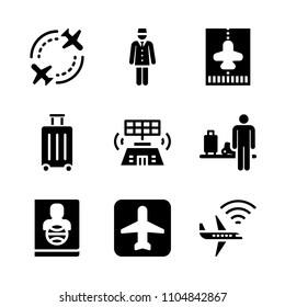 9 Airport icons vector set. atmosphere, tower, emigration and summer illustration for web.
