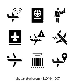 9 Airport icons vector set. male, travel, departure and page illustration for web.