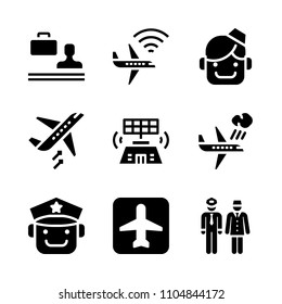 9 Airport icons vector set. traveler, plane, young and officer illustration for web.