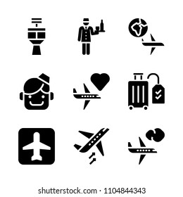 9 Airport icons vector set. destination, tall, stewardess and suitcase illustration for web.